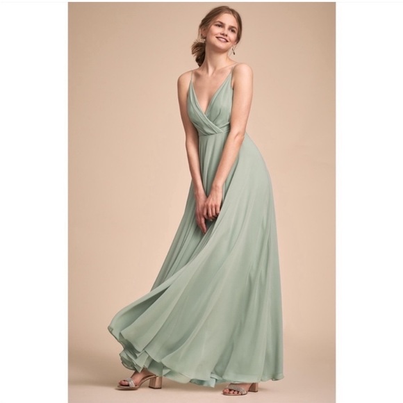 BHLDN Anthropologie Eva Maxi Dress Sage Moss Green Drape V-neck Gown Bridesmaid - Picture 13 of 13
